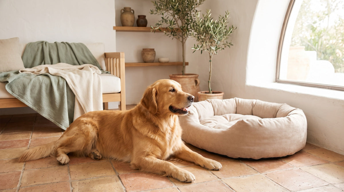 Golden retriever tumbado en el suelo junto a su cama vacía