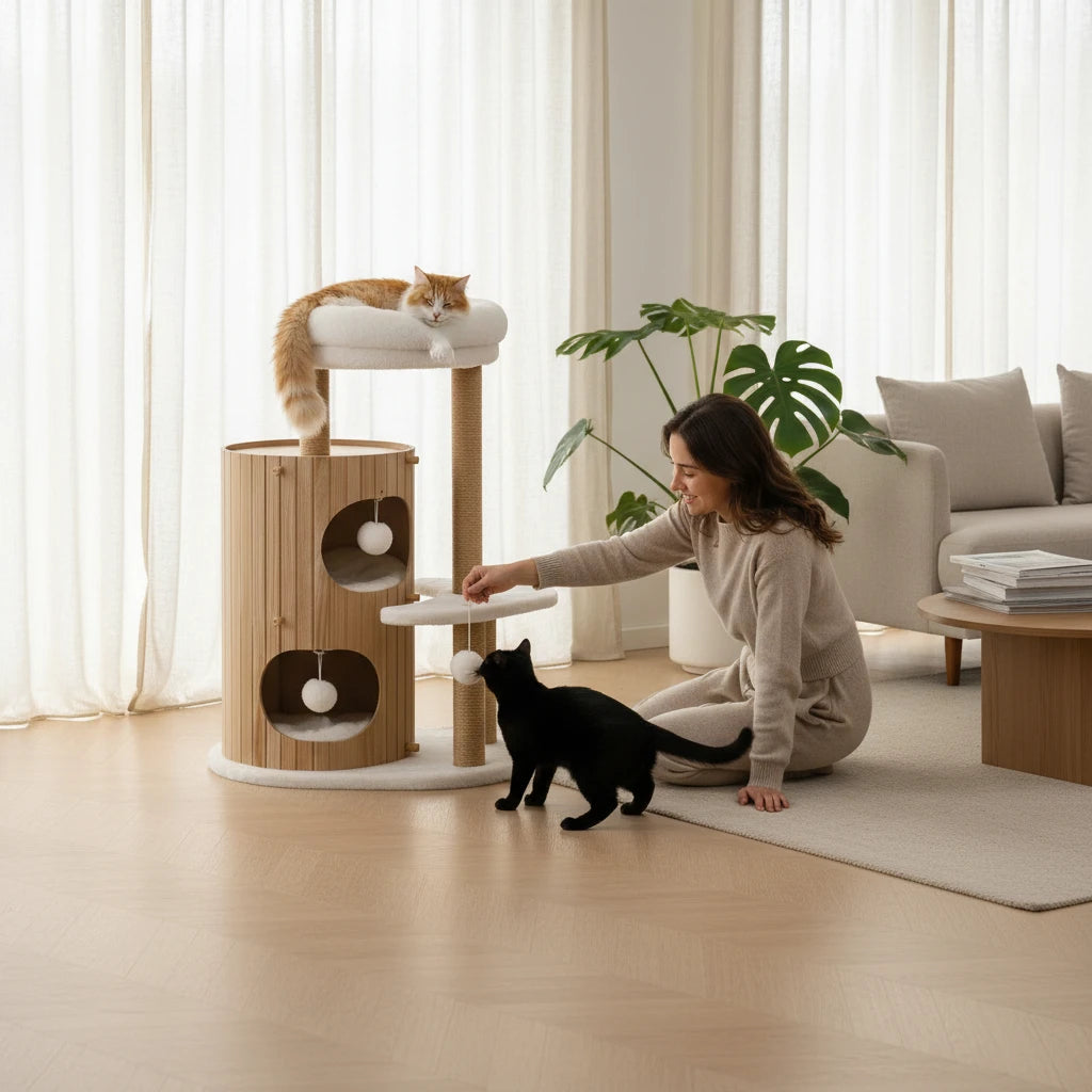 Árbol Rascador de Madera con Cama Elevada para Gatos