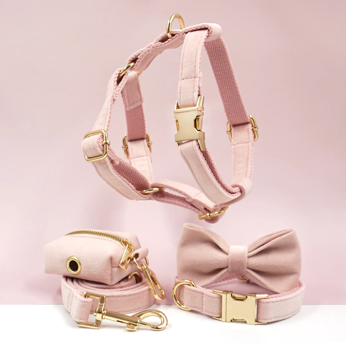 Set de Arnés y Collar de Terciopelo Rosa Personalizable