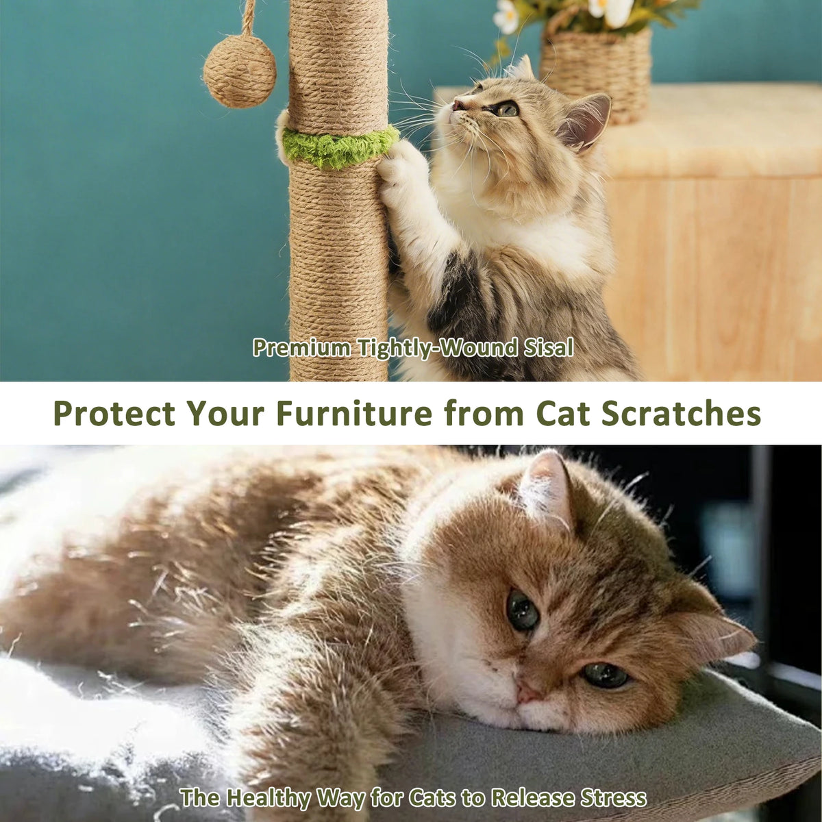 Árbol Rascador para Gatos con Casita y Bolas Colgantes