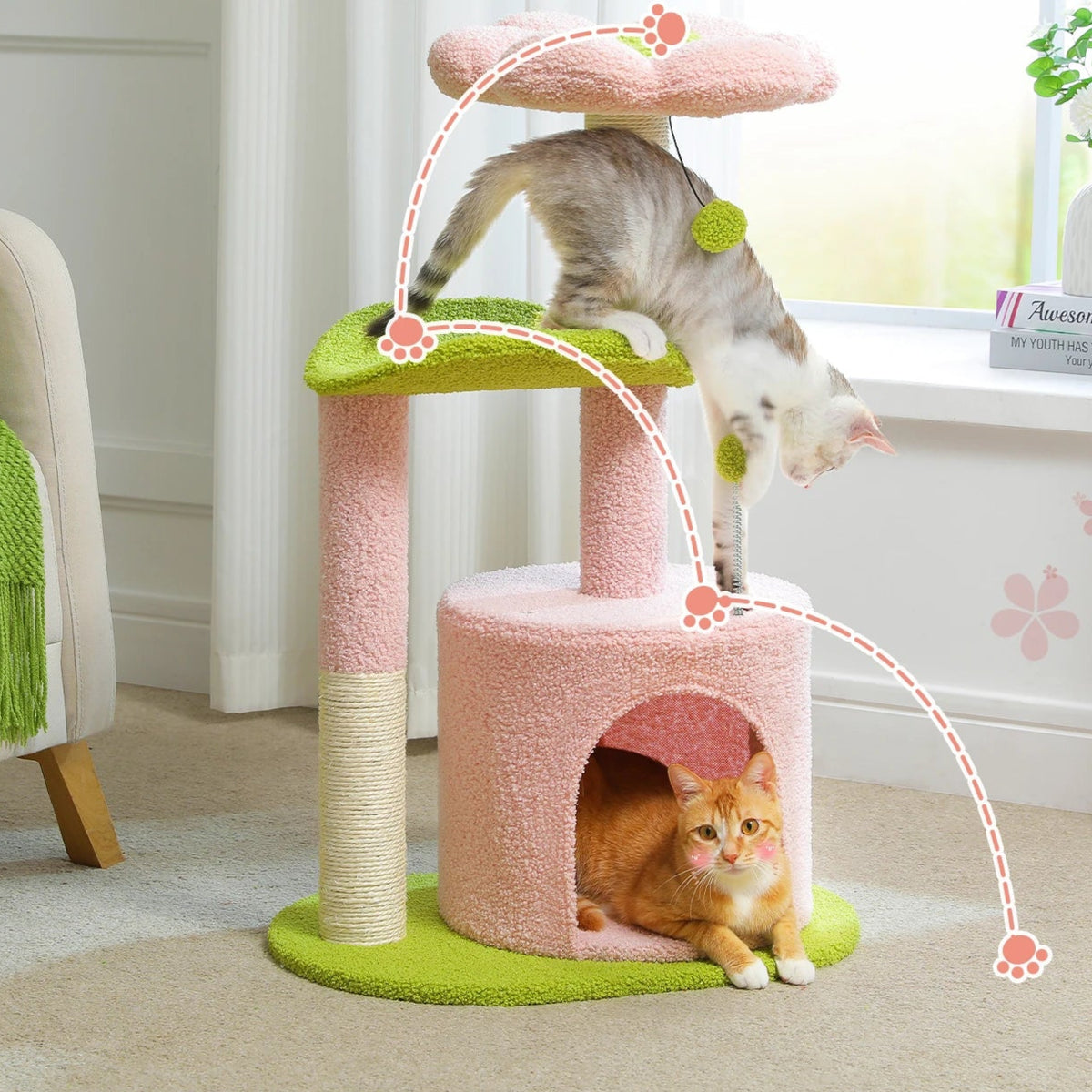 Árbol rascador rosa para gatos con diseño de flor y casa interior
