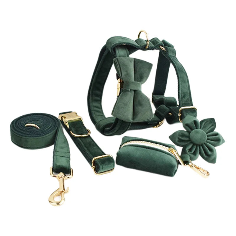 Set de Collar, Arnés y Correa de Terciopelo Verde Personalizable