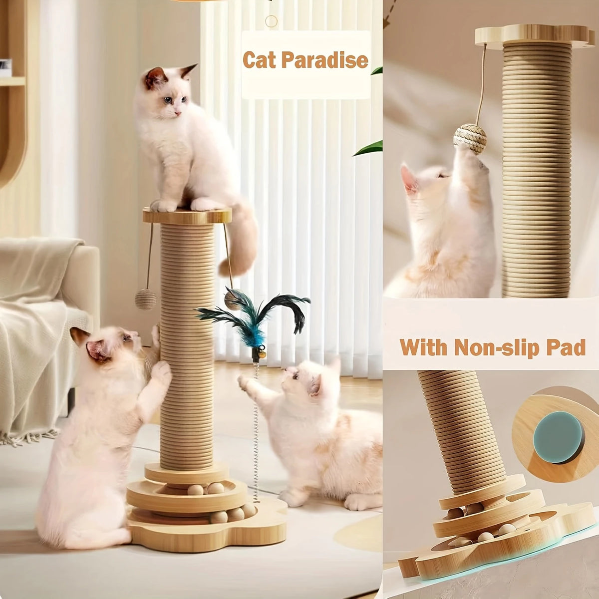 Rascador de Madera 4 en 1 con Bola Giratoria para Gatos