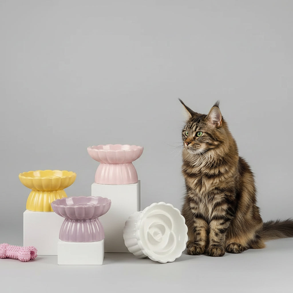 Comedero Cerámico Elevado Antiatragantamiento para Gatos - Blanco