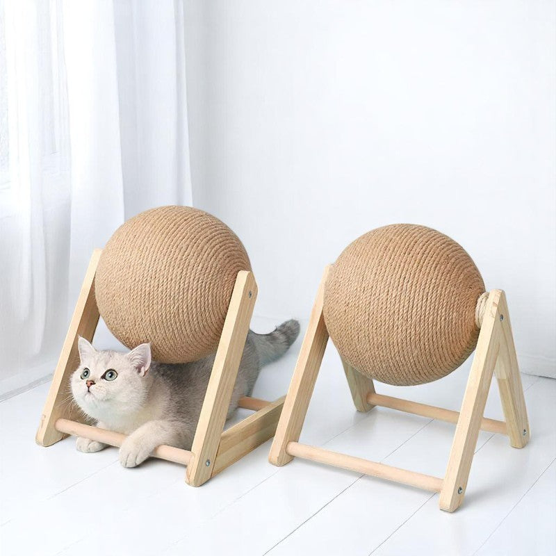 Poste rascador de madera y cuerda de cáñamo para gatos – Protección y diversión