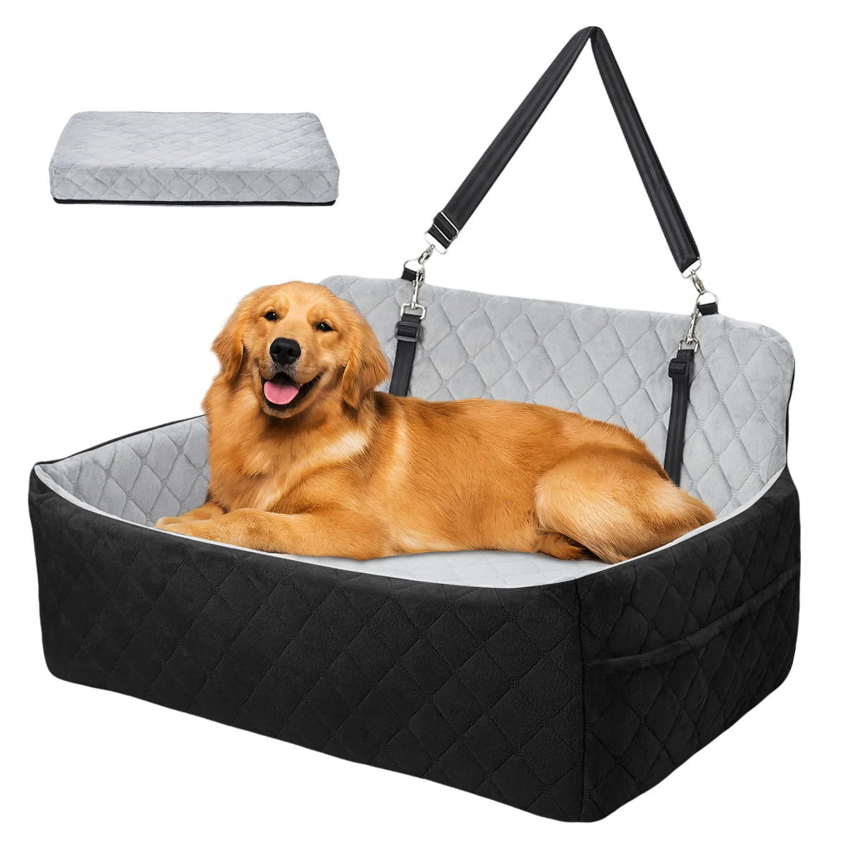 Asiento de Coche XL para Perros con Espuma Viscoelástica y Cinturón de Seguridad