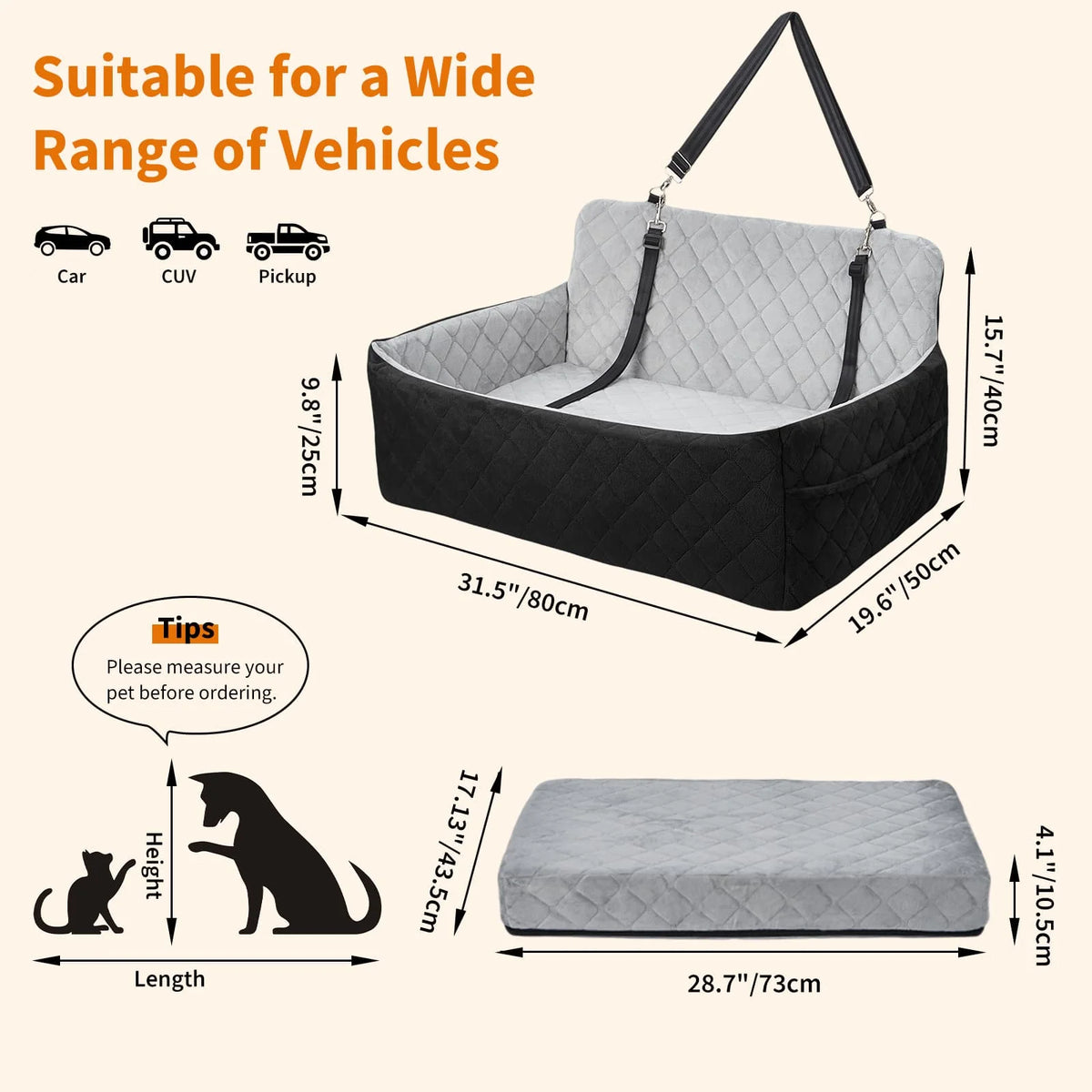 Asiento de Coche XL para Perros con Espuma Viscoelástica y Cinturón de Seguridad