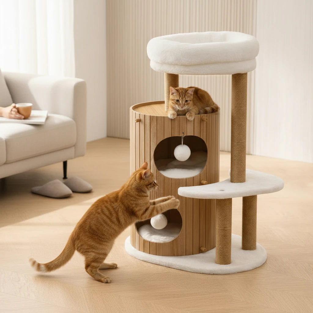 Árbol Rascador de Madera con Cama Elevada para Gatos