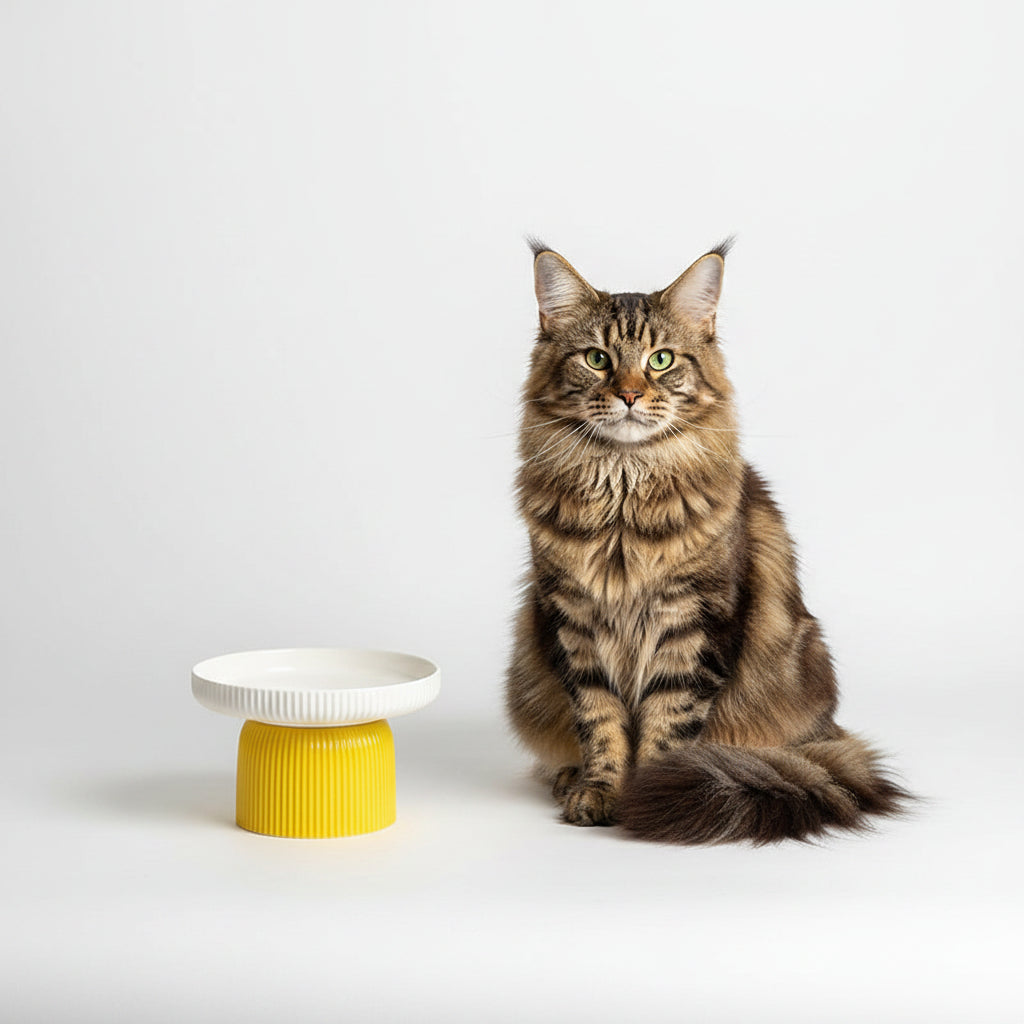 Comedero Cerámico Elevado para Gatos y Perros de Cara Plana - Amarillo y Blanco Plátano