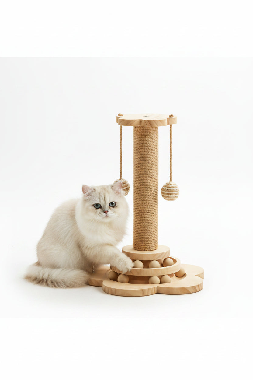 Rascador de Madera 4 en 1 con Bola Giratoria para Gatos