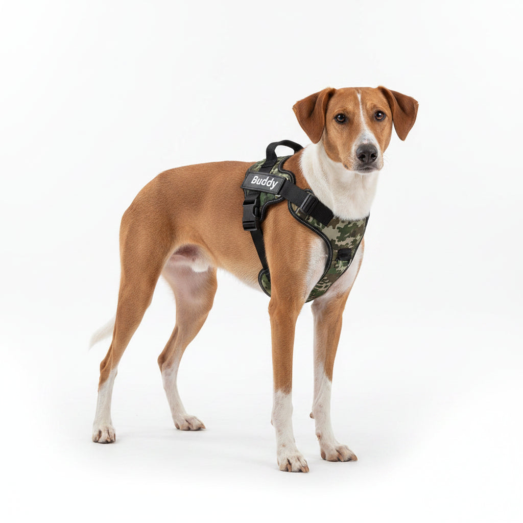 Arnés Personalizable para Perros Camuflaje – Verde, Azul y Marrón