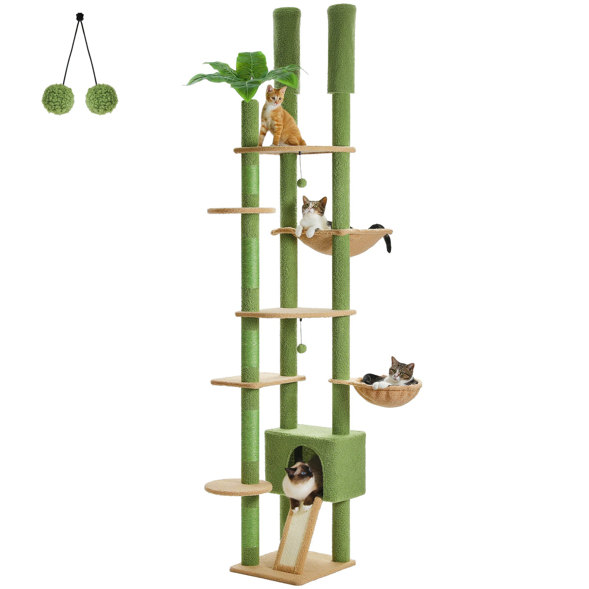 Árbol rascador beige de techo a suelo con hamaca y varios niveles