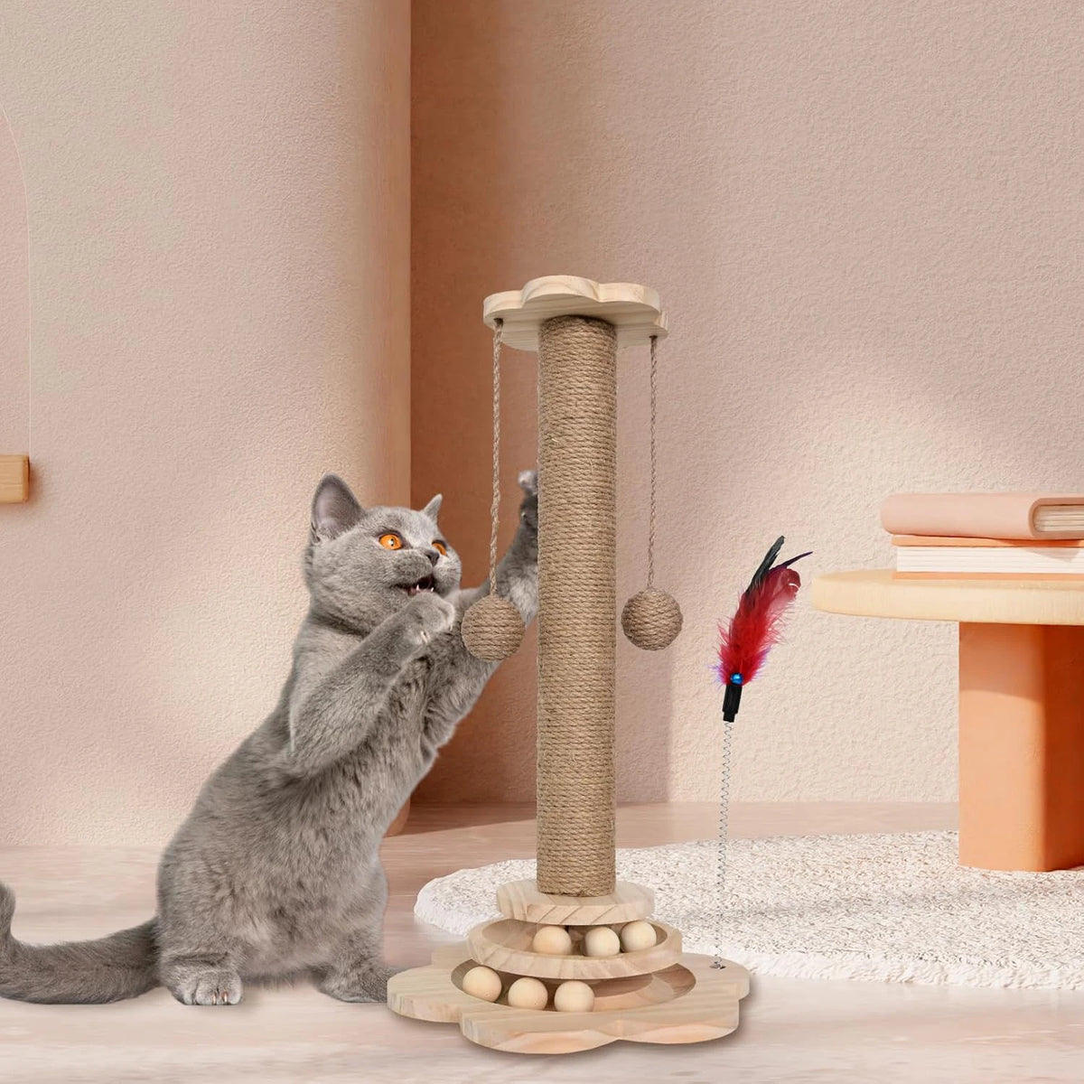 Rascador de Madera 4 en 1 con Bola Giratoria para Gatos