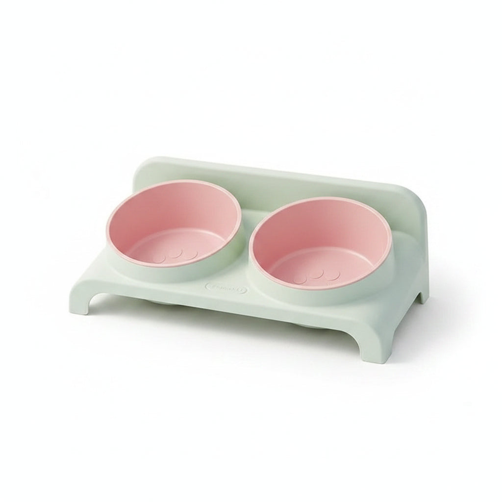 Comedero Doble Elevado y Ajustable para Perros y Gatos - Rosa y Verde