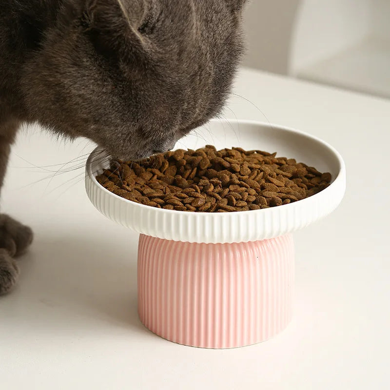 Comedero Cerámico Elevado para Gatos y Perros de Cara Plana - Rosa y Blanco