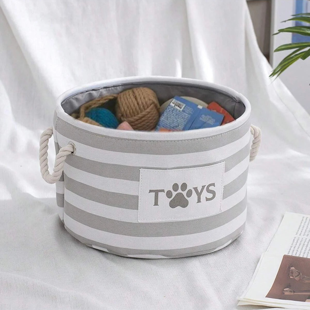 Cesta Organizadora Plegable de Rayas para Juguetes de Perro