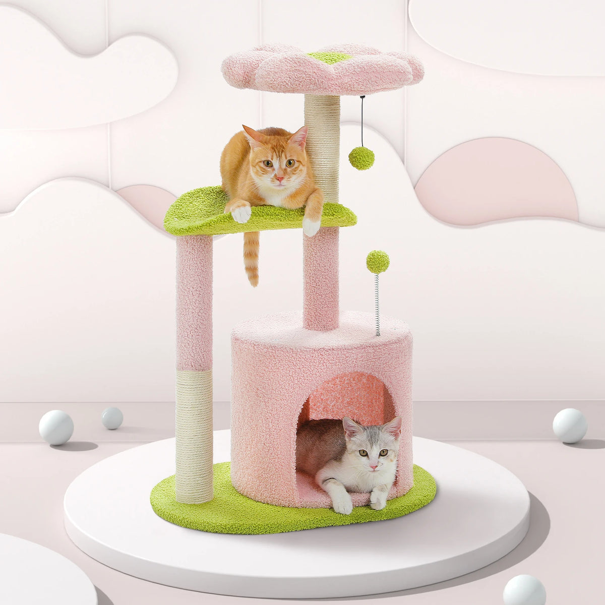 Árbol rascador rosa para gatos con diseño de flor y casa interior