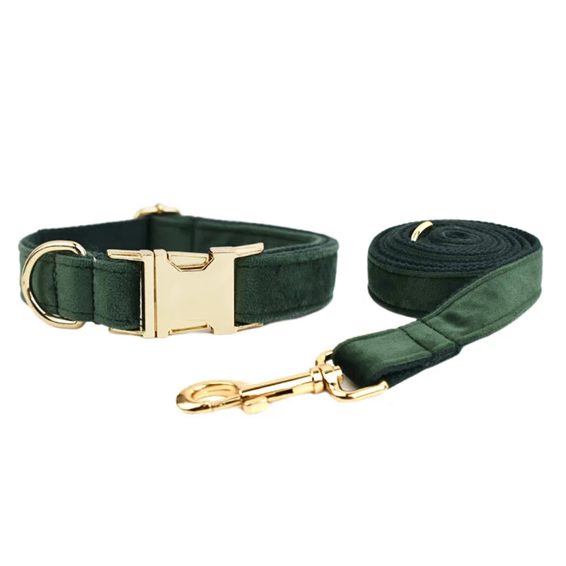 Set de Collar, Arnés y Correa de Terciopelo Verde Personalizable