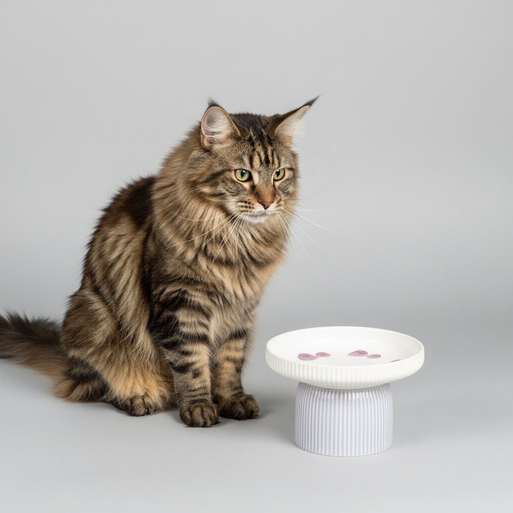 Comedero Cerámico Elevado para Gatos y Perros de Cara Plana - Morado y Blanco