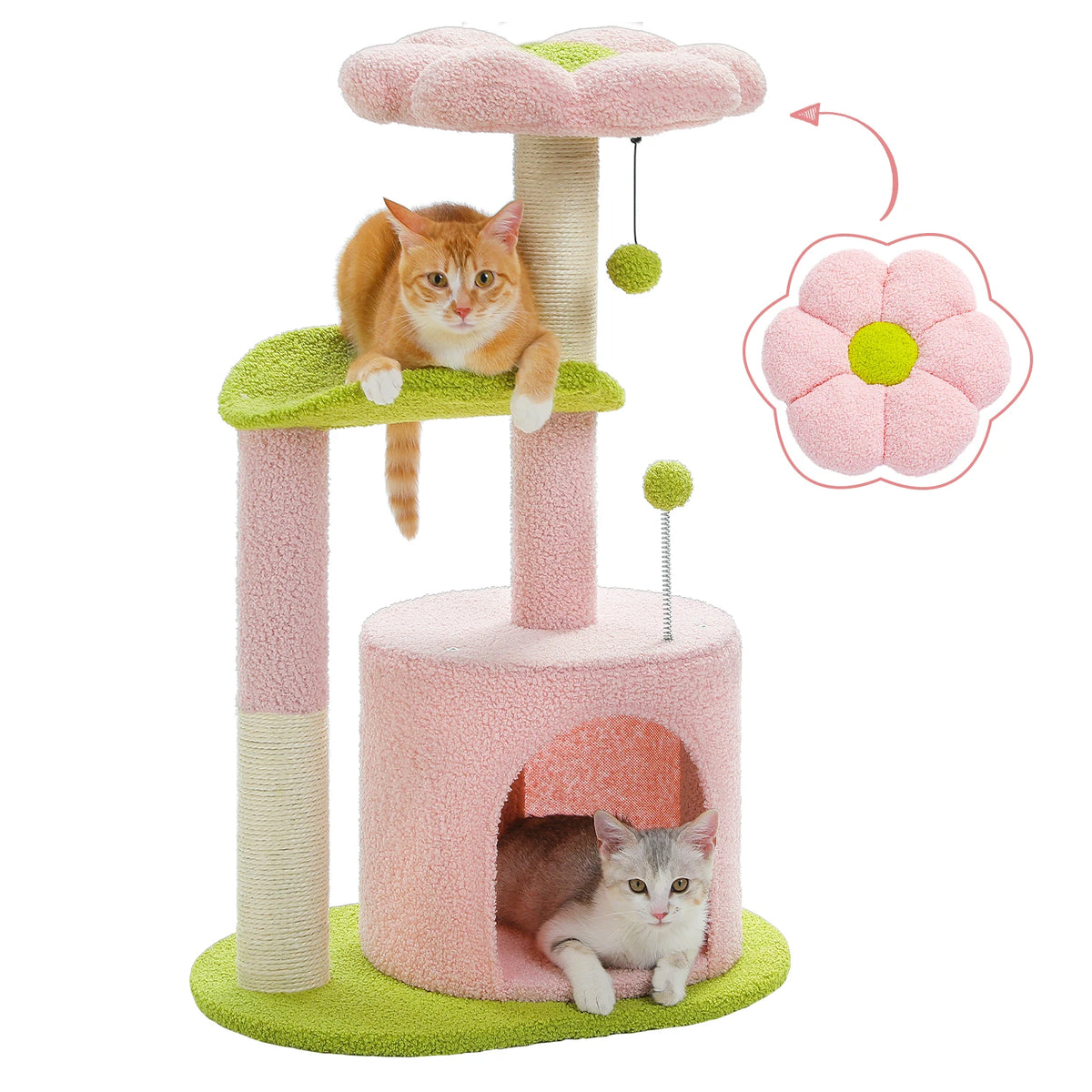 Árbol rascador rosa para gatos con diseño de flor y casa interior