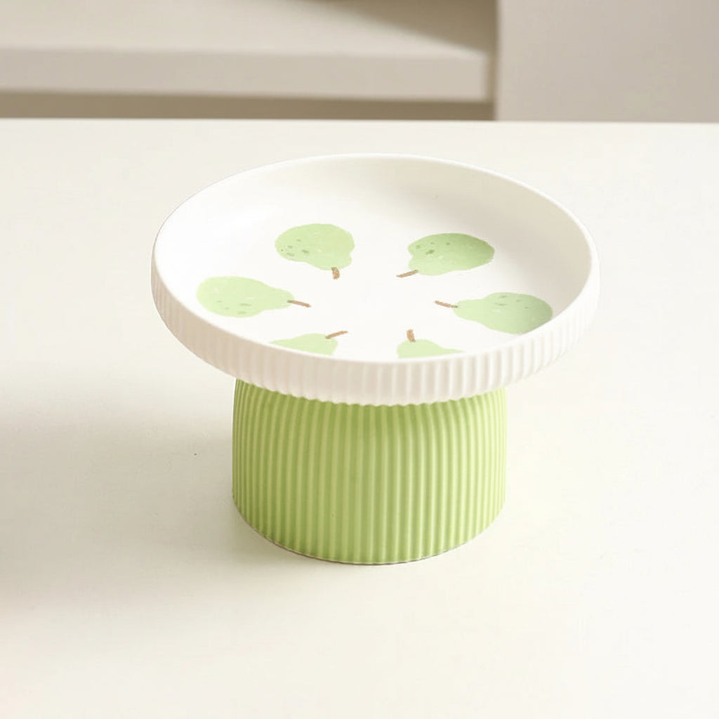 Comedero Cerámico Elevado para Gatos y Perros de Cara Plana - Verde y Blanco Peras