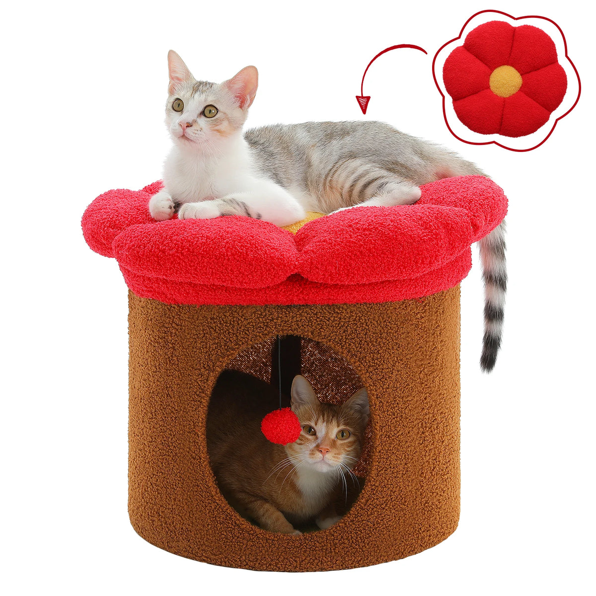 Cama roja para gatos con diseño de flor y casa interior