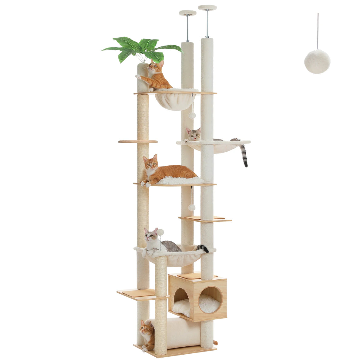 Árbol rascador beige de techo a suelo con hamaca y varios niveles