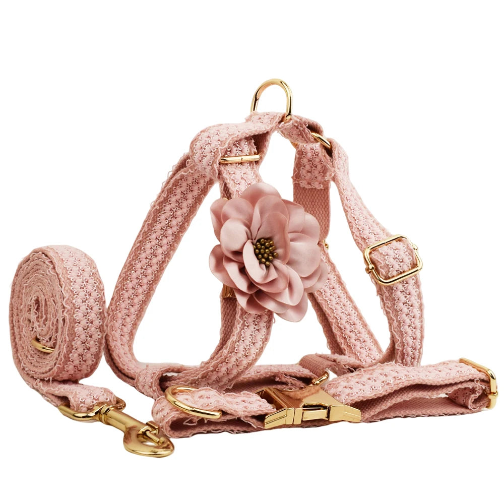 Set de Collar y Arnés de Encaje Rosa Floral Personalizable