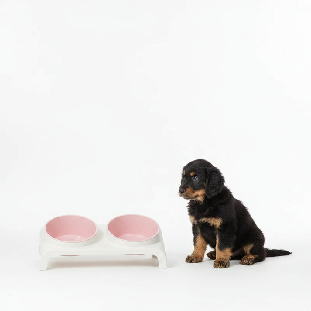 Comedero Doble Elevado y Ajustable para Perros y Gatos - Rosa y Blanco