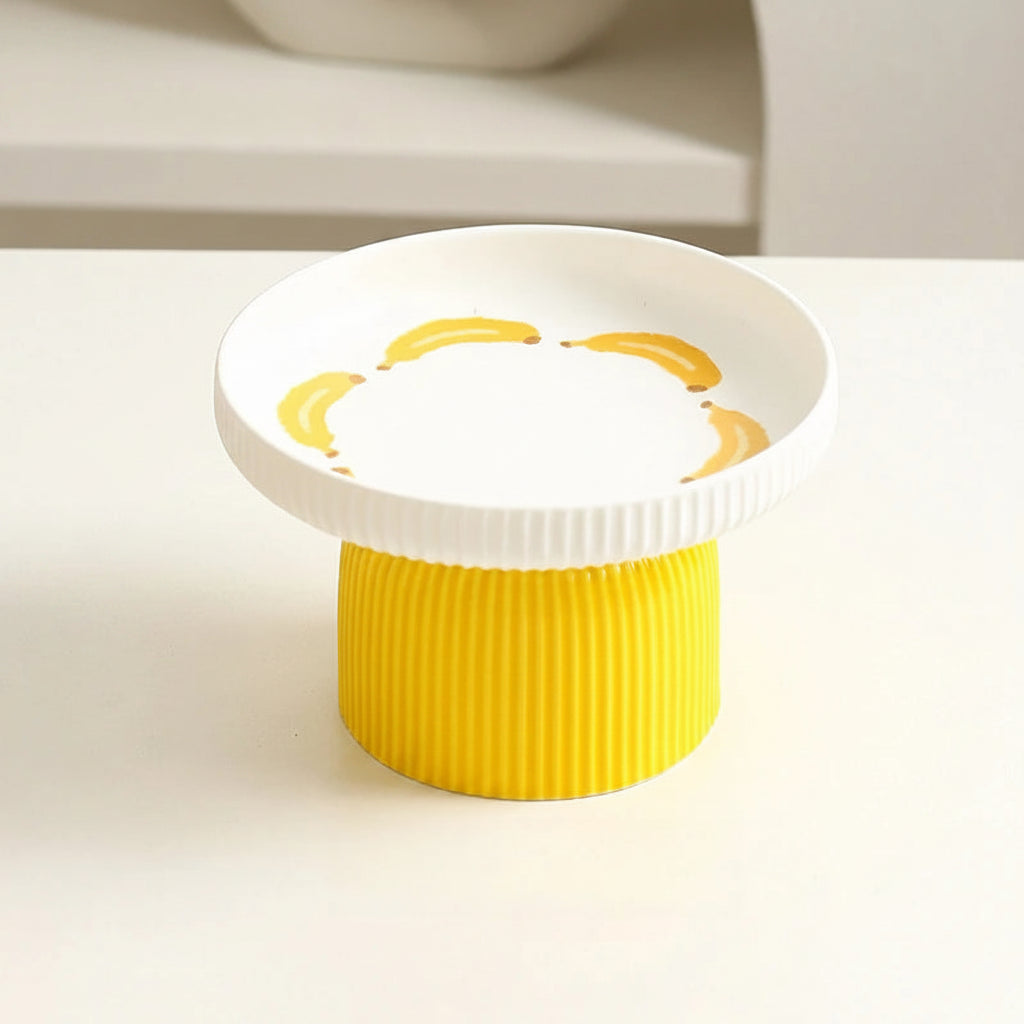 Comedero Cerámico Elevado para Gatos y Perros de Cara Plana - Amarillo y Blanco Plátano