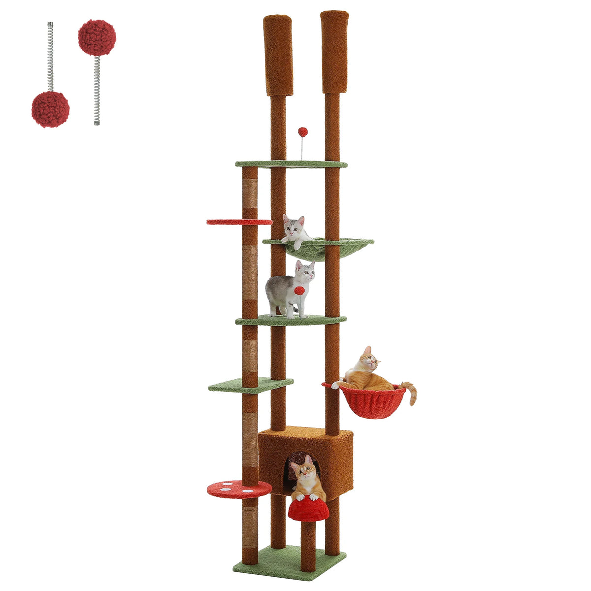 Árbol rascador beige de techo a suelo con hamaca y varios niveles