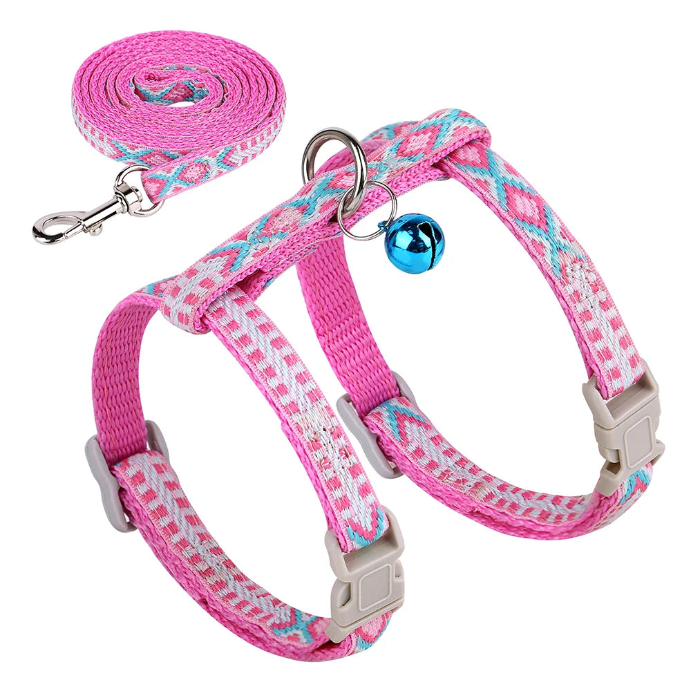 Arnés Rosa Ajustable con Correa y Cascabel para Gatos y Perros Pequeños