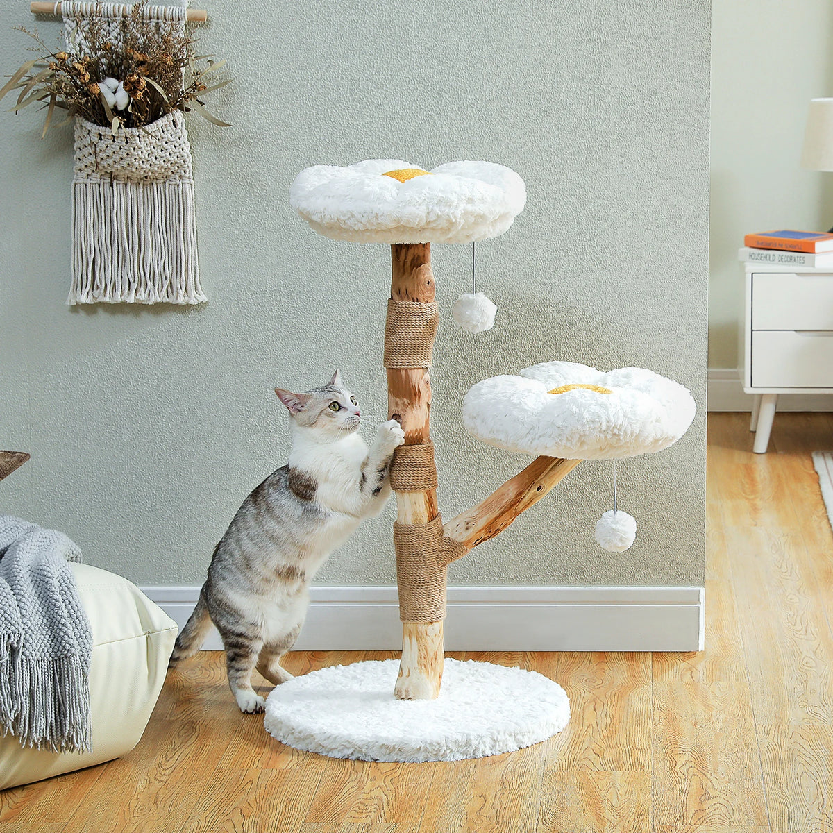 Árbol Rascador de Madera con Flores y Plataformas – Elegancia, Confort y Estabilidad