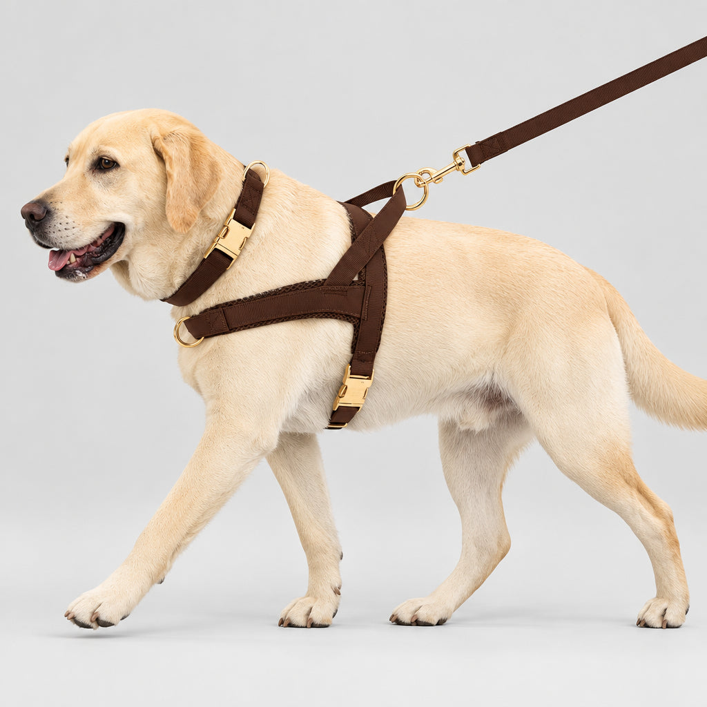 Conjunto de Arnés, Collar y Correa de Cuero y Nylon Marrón para Perros – Paseos Seguros y Elegantes
