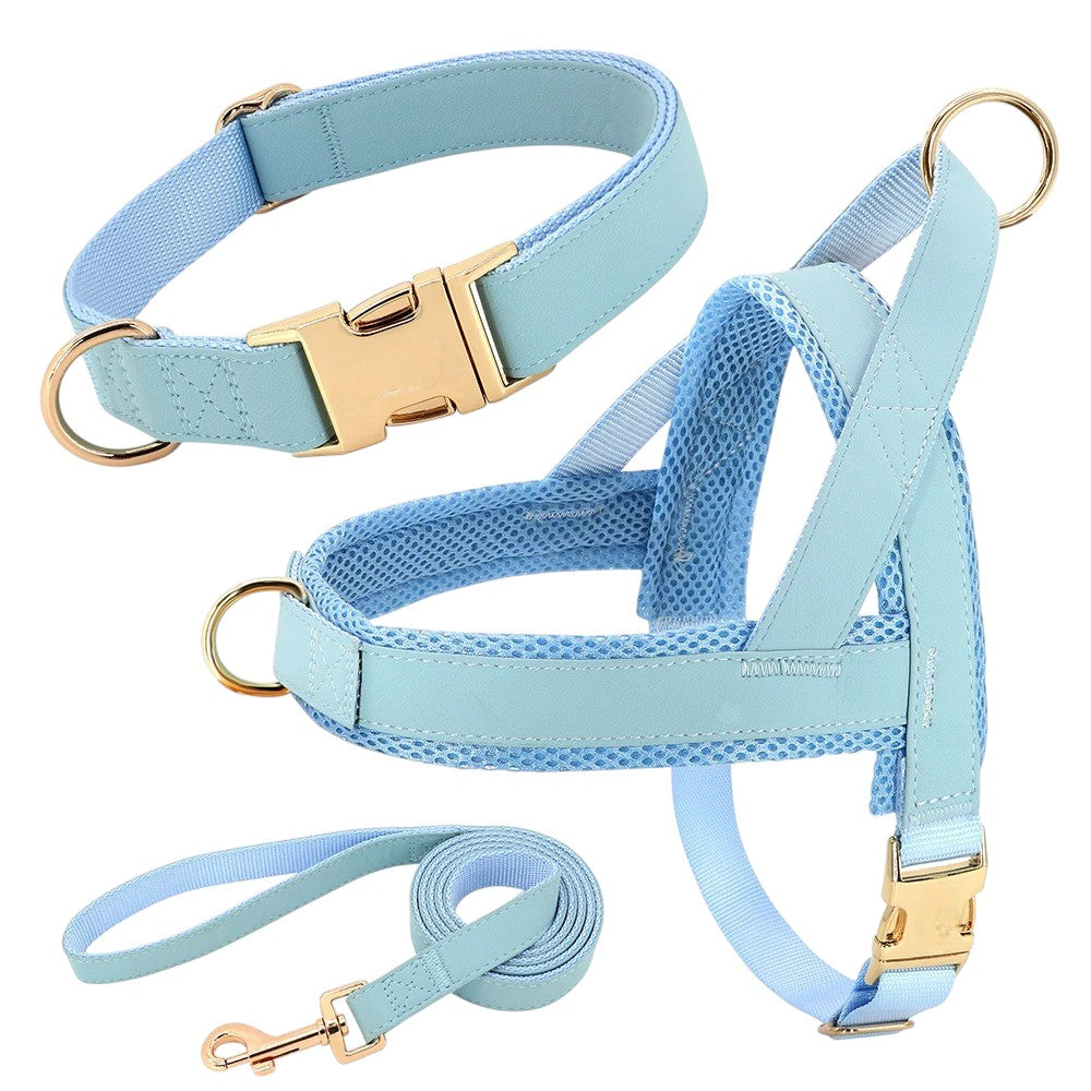 Conjunto de Arnés, Collar y Correa de Cuero y Nylon Azul Cielo para Perros – Paseos Seguros y Elegantes