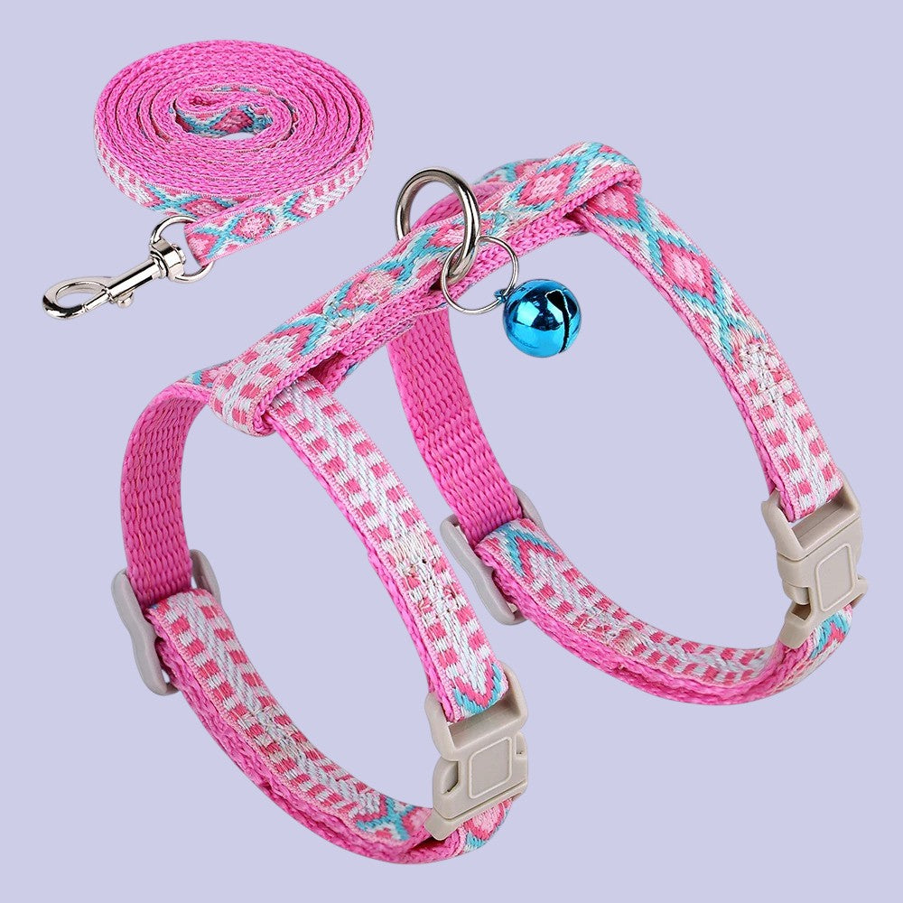 Arnés Rosa Ajustable con Correa y Cascabel para Gatos y Perros Pequeños