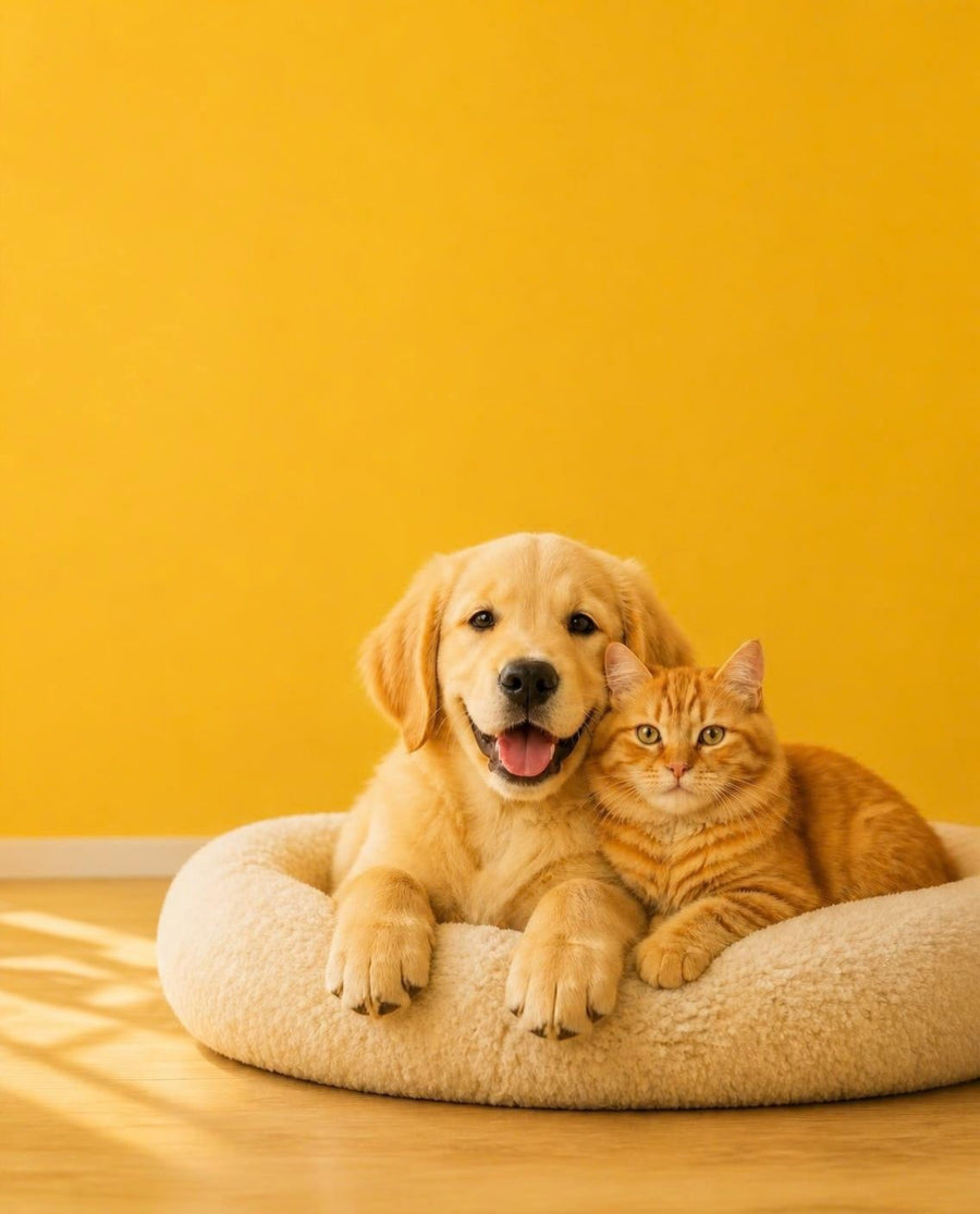 Golden-Retriever-Welpe und getigerte Katze zusammen in einem Donut-Bett